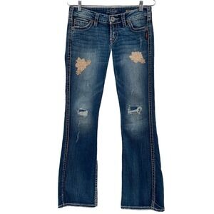 Silver Jeans Twisted Bootcut Blue Distressed Floral Lace Jeans W27 L31